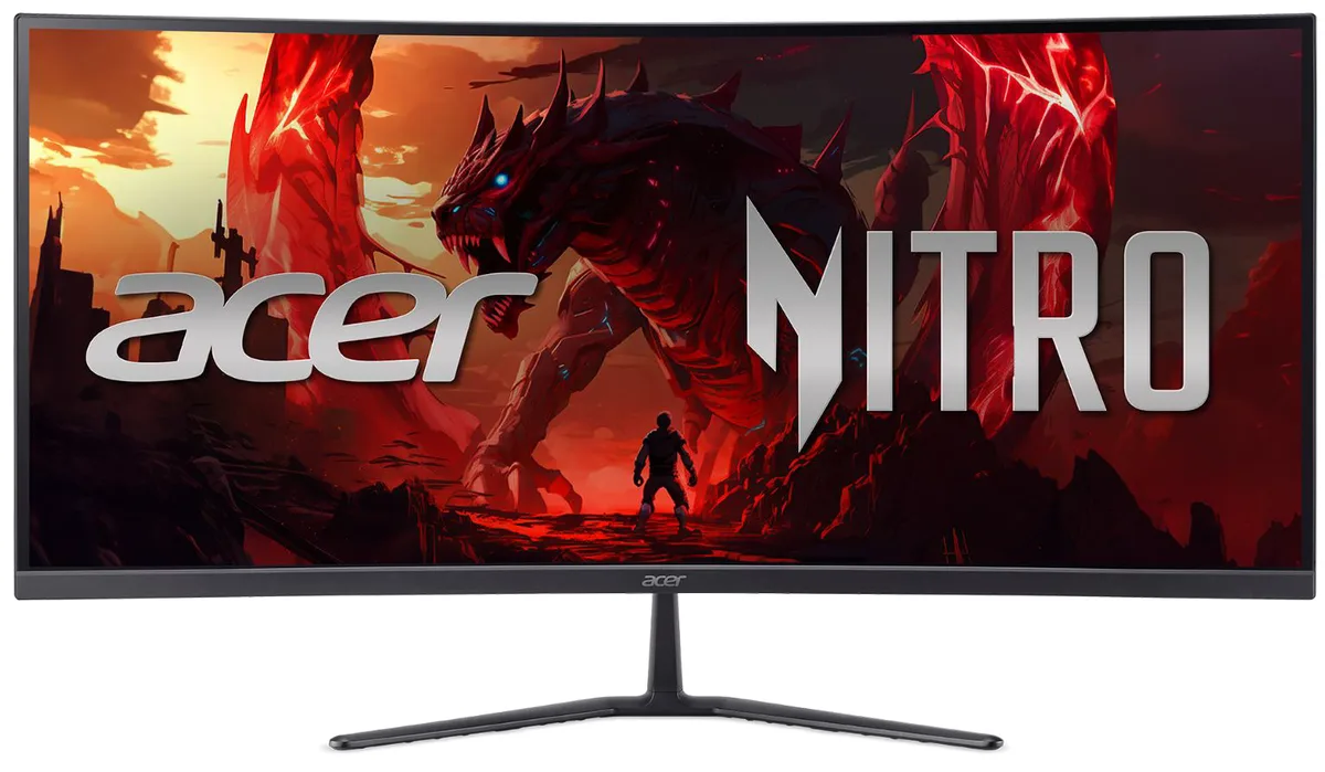 Black 34-inch ultra-wide curved gaming monitor with matte anti-glare screen and slim bezels on a tilt stand