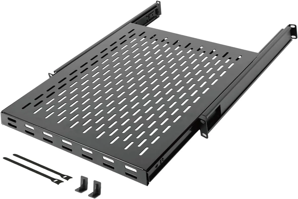 TAURKENAM TAURKENAM 1U Sliding Rack Shelf 4-Post 19in 21.7-35.4in Depth 110lbs Black — product photo