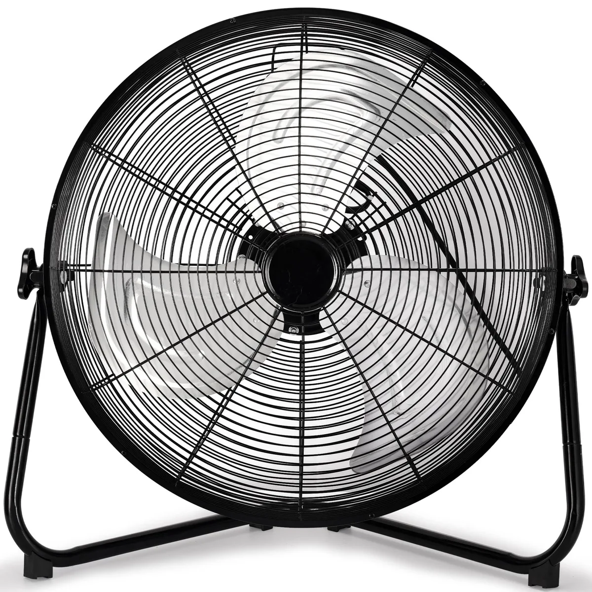 Black 20-inch metal industrial floor fan with three blades, wall-mount bracket and carry handle
