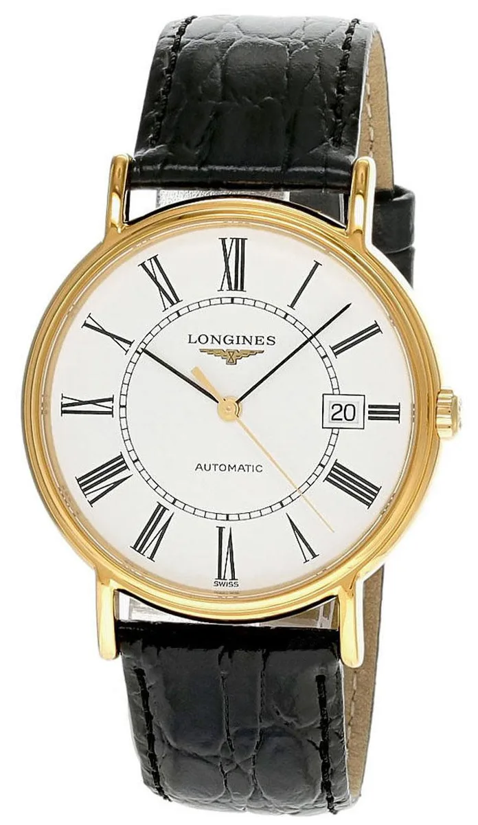 Longines Longines Presence Automatic L4.921.2.11.2 38.5 mm yellow gold PVD white dial black leather strap watch — product photo