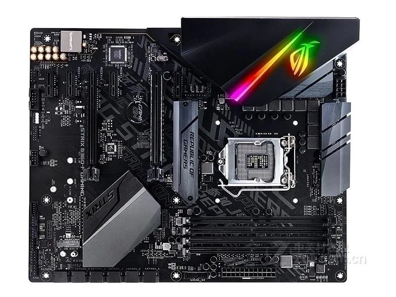 ATX motherboard with black and grey finish, LGA 1151 socket, DDR4 slots, and I/O shield