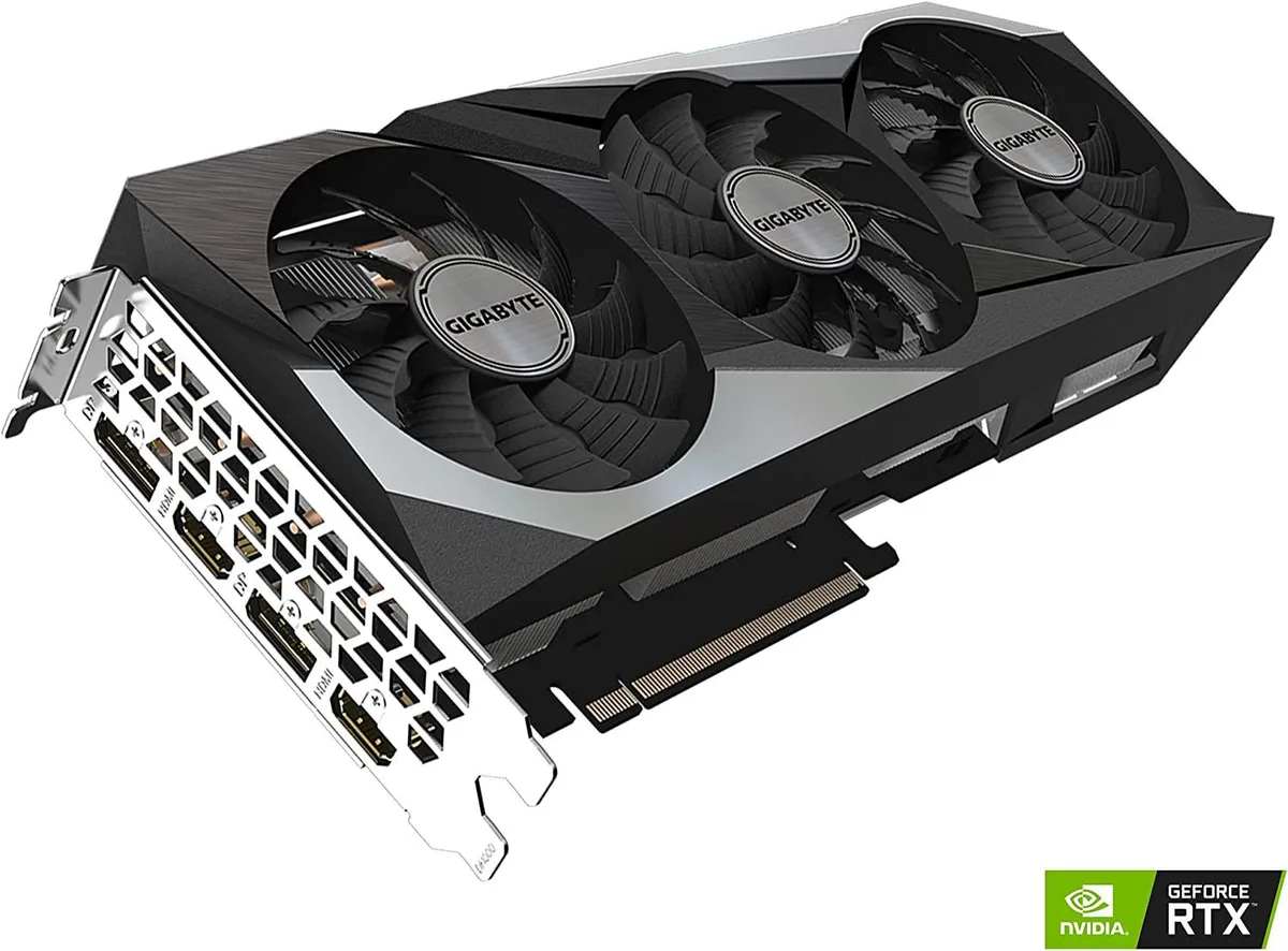 Gigabyte GeForce RTX 3070 Gaming OC graphics card with triple-fan cooler in dark grey and black