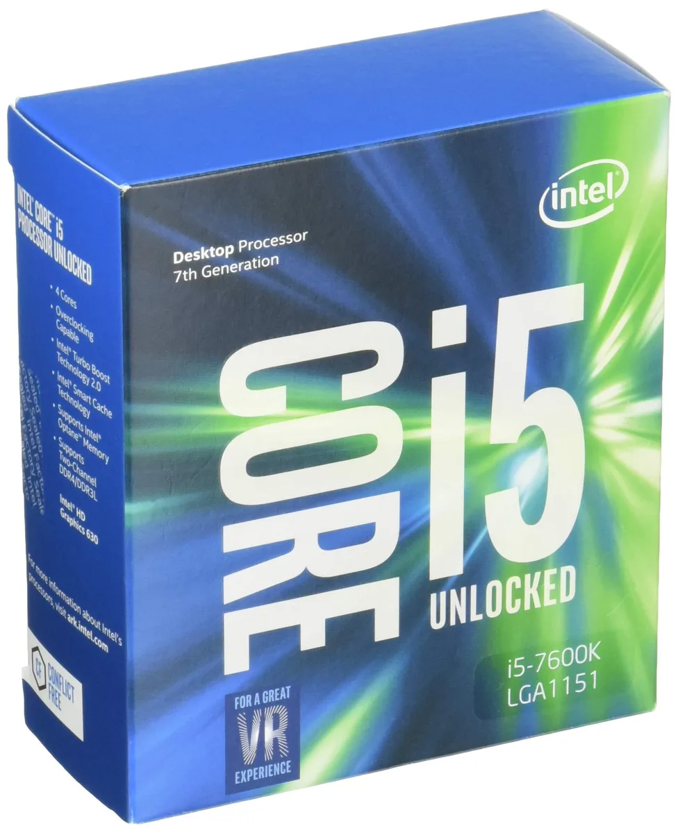 Intel Core i5-7600K desktop processor in green ceramic package with gold contacts and silver heat spreader