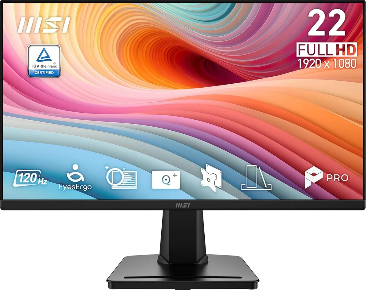 Black 21.45 inch flat VA monitor with four-sided frameless design and compact stand