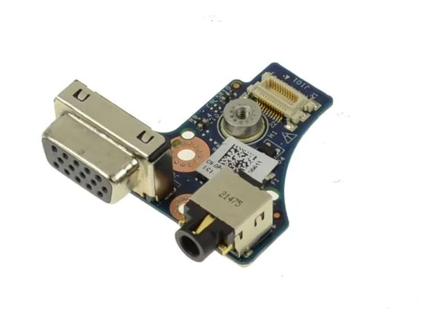 Green circuit board with silver VGA port and audio jack connectors