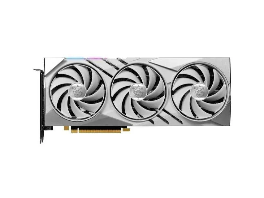 White dual-fan graphics card with slim profile and silver accents