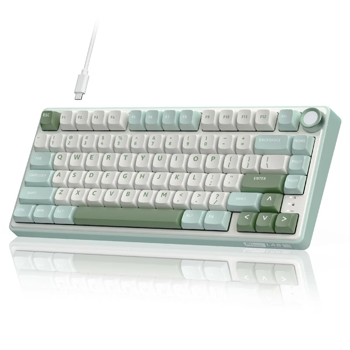 Green 75% wired mechanical keyboard with volume knob and RGB backlighting