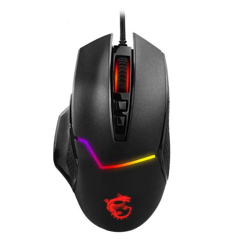 Black wired gaming mouse with matte finish, ergonomic right-hand shape, textured side grips and RGB lighting