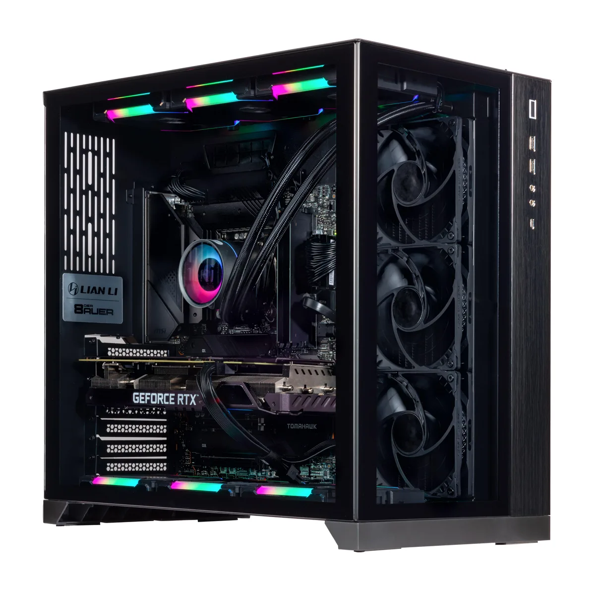 Black desktop tower with RGB liquid cooling visible inside