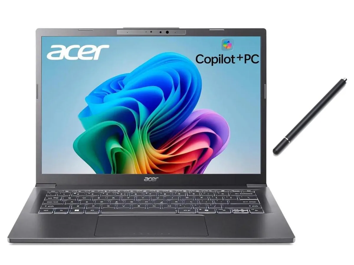Grey 14-inch touchscreen laptop with backlit keyboard and slim profile