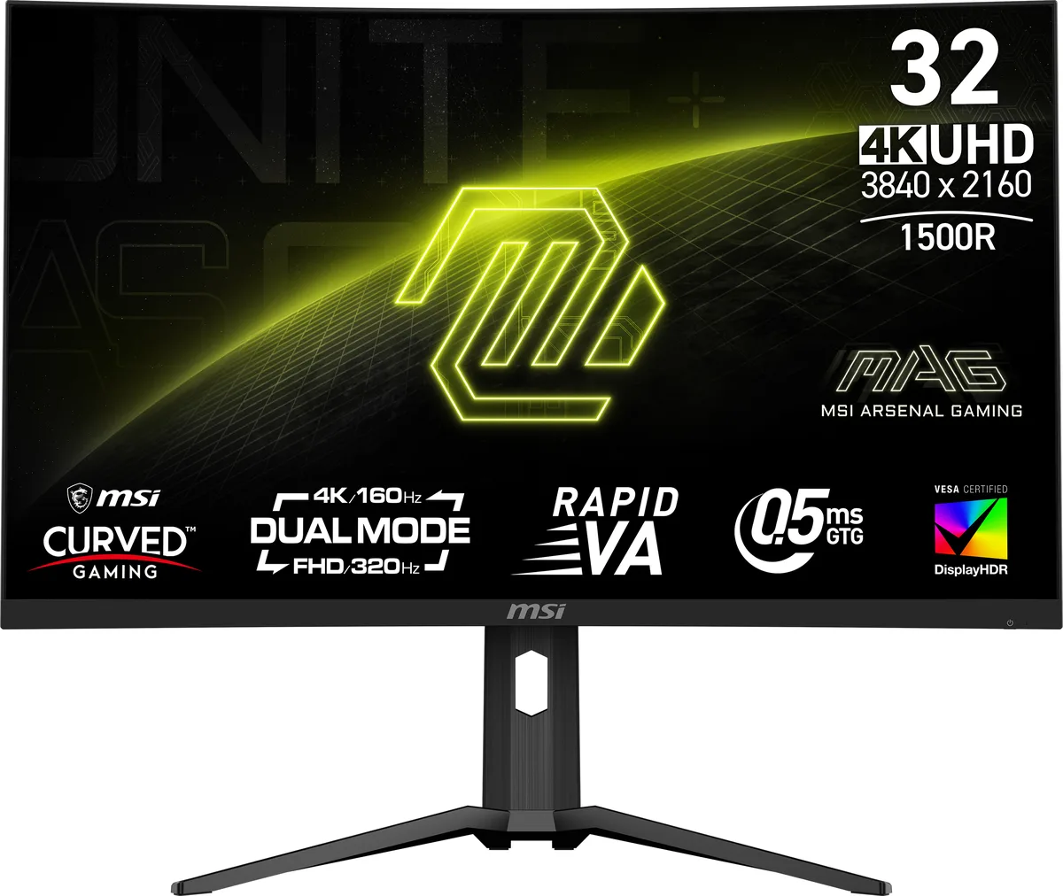 31.5 inch curved gaming monitor in metallic black with thin bezels and adjustable stand