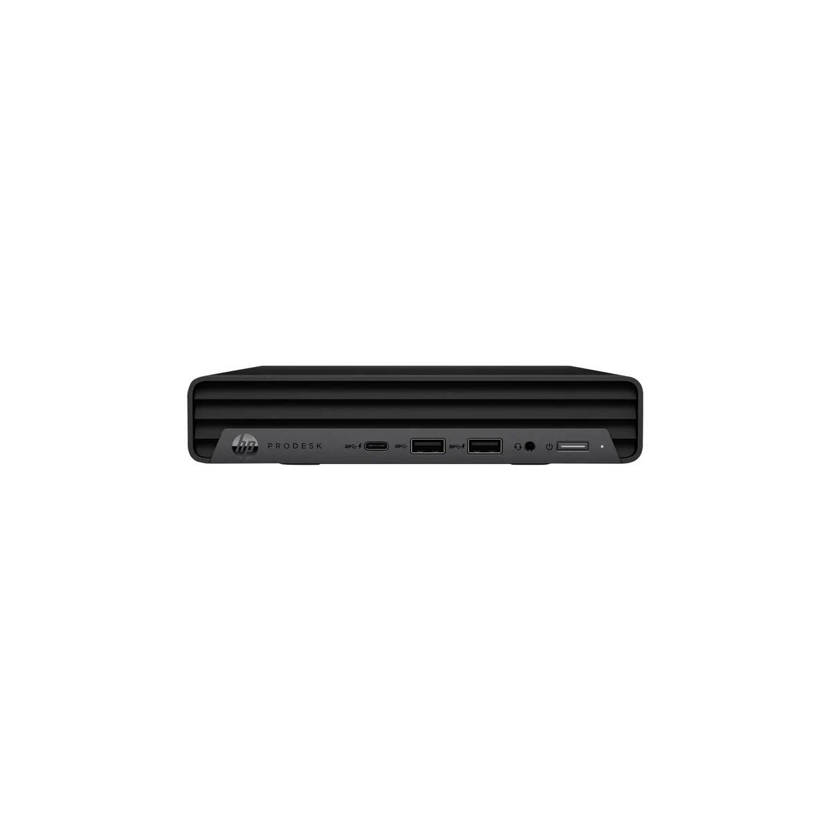 Small black Mini PC desktop computer, compact square form factor, matte finish