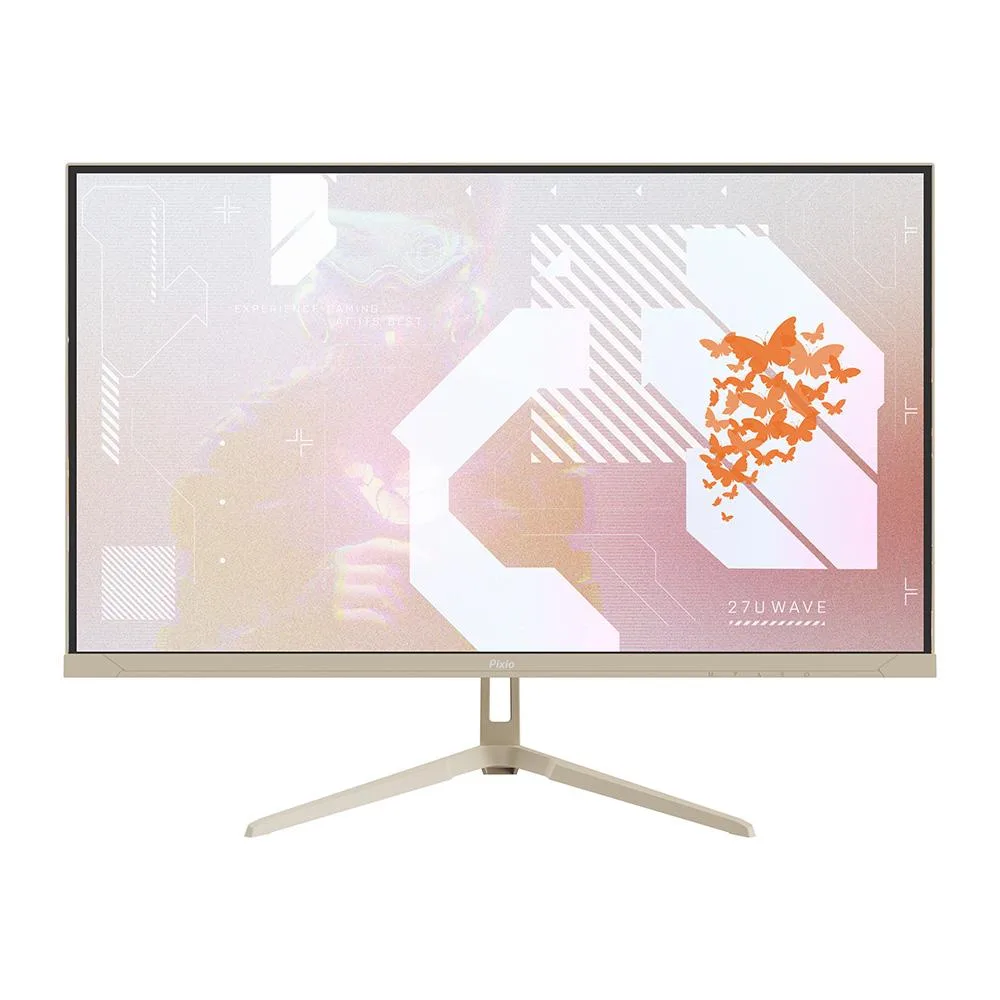 Beige 27 inch gaming monitor with frameless anti-glare screen on tilt stand