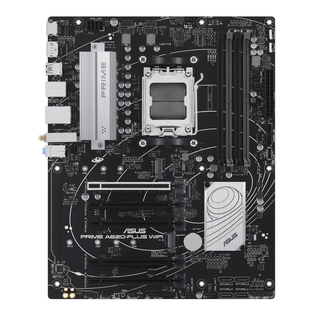 ATX motherboard, dark PCB with silver heatsinks and AM5 socket, four DDR5 slots, PCIe 4.0 x16 slot, WIFI6 antennas included