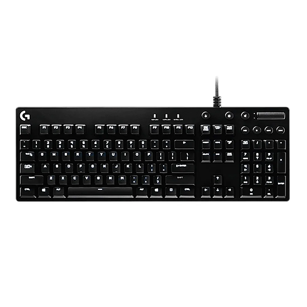 Black wired mechanical gaming keyboard with white backlighting