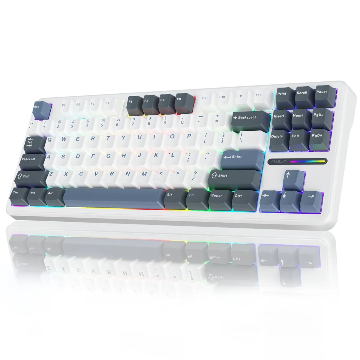 White and blue 75 percent wireless mechanical keyboard with RGB side lighting