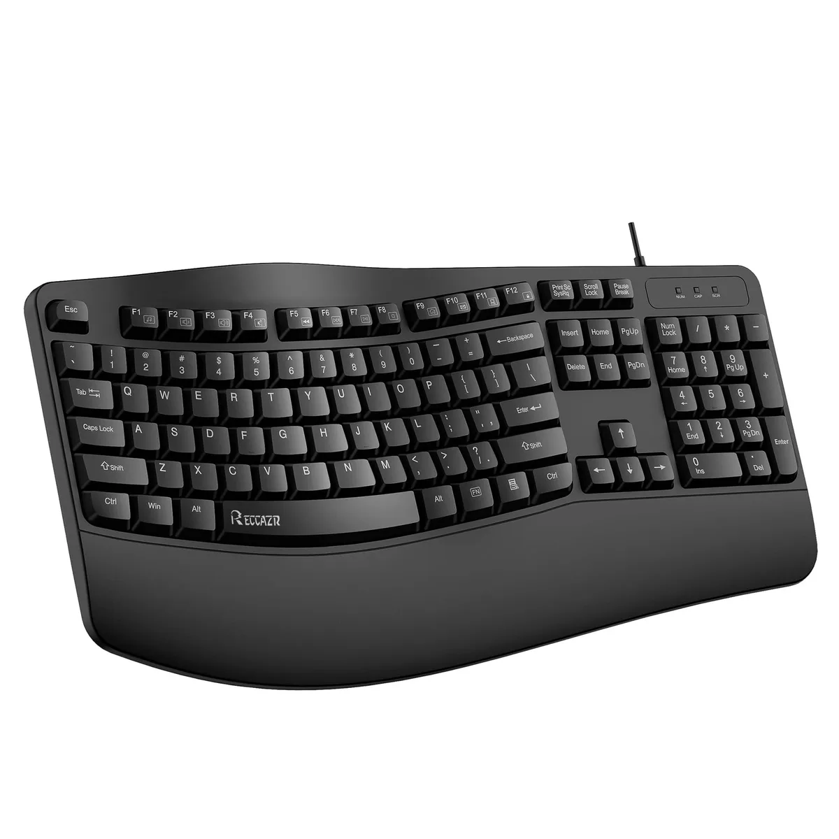 Black full-size USB keyboard with 104 keys, integrated wrist rest and foldable stand