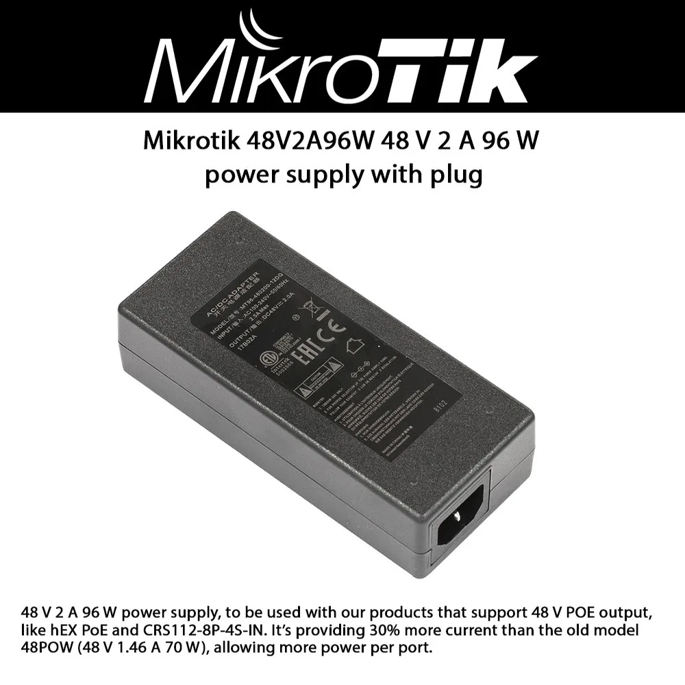 Mikrotik 48 V 2 A 96 W desktop power supply with interchangeable plug
