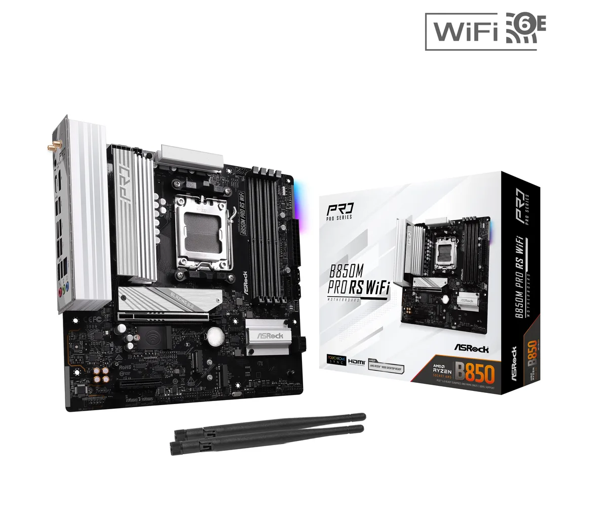 ASRock B850M Pro RS WiFi AM5 micro-ATX motherboard, dark PCB with silver heatsinks