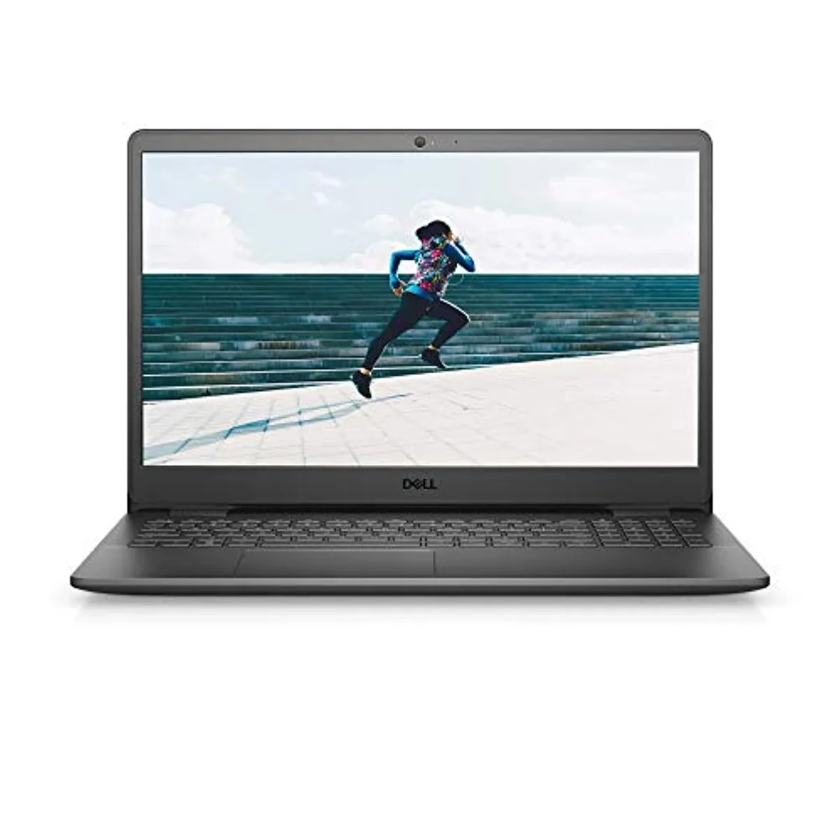 Black 15.6-inch laptop with narrow-border matte display and compact chassis