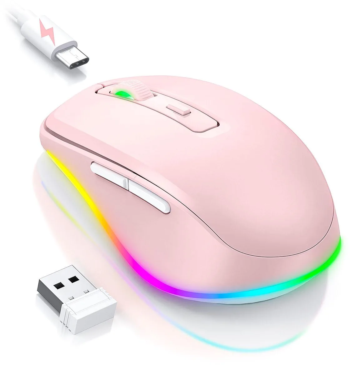 Pink wireless mouse with built-in jiggler, LED lighting, USB-C charging, 80 g