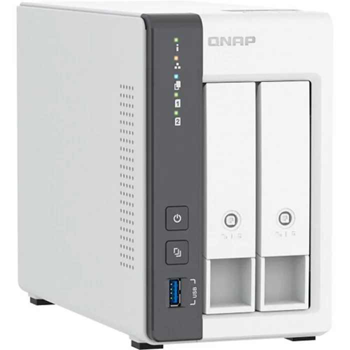 Compact white desktop NAS enclosure with two drive bays