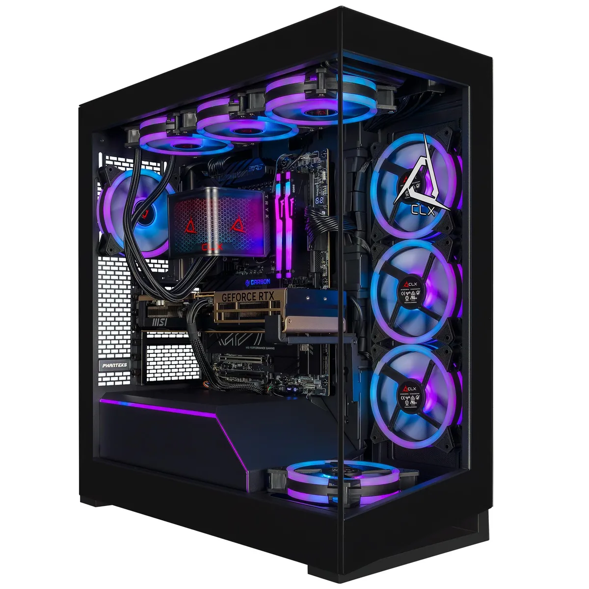 Black mid-tower gaming desktop with tempered glass side panel and RGB lighting