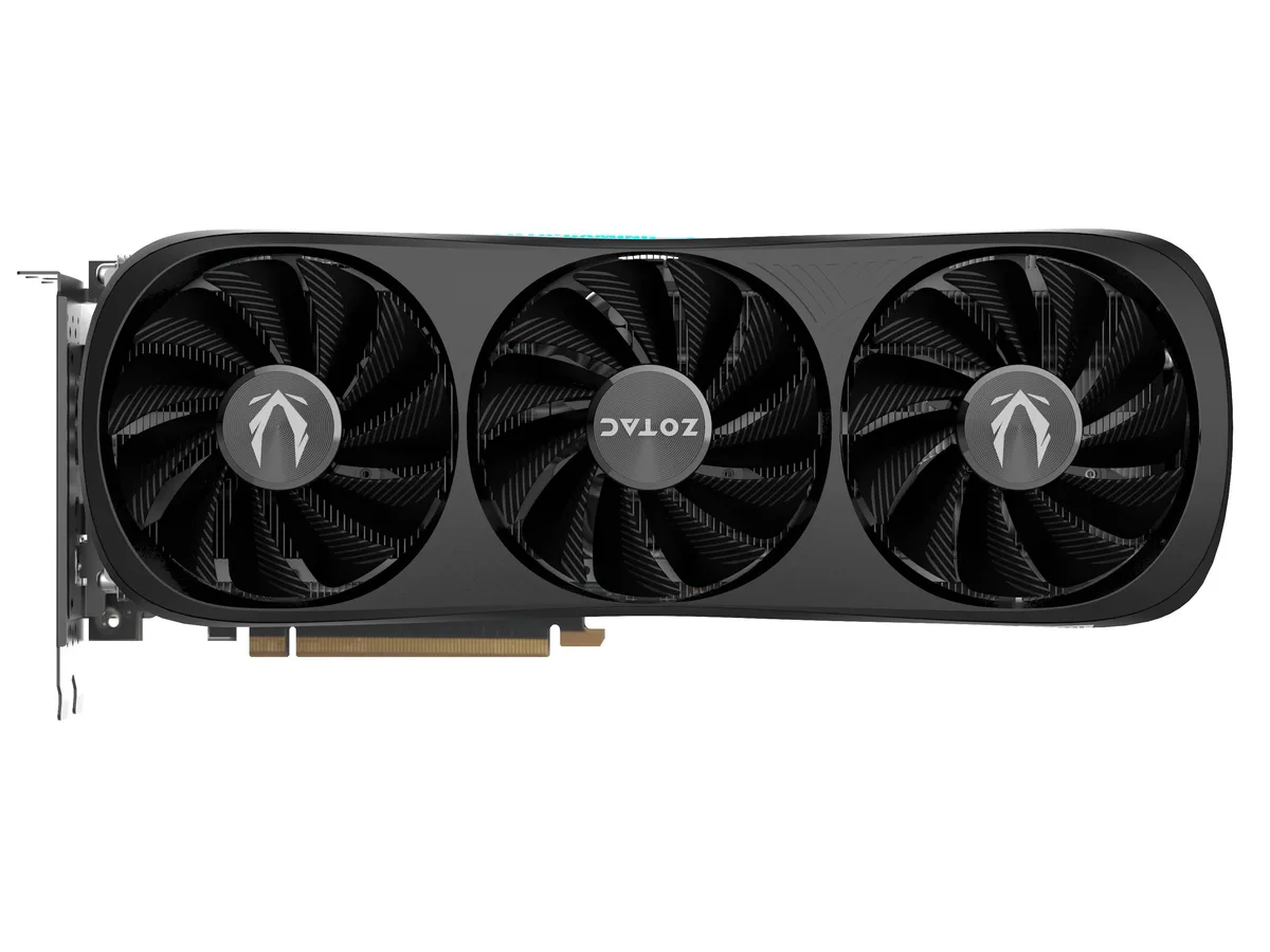 Black triple-fan graphics card with metal backplate and RGB lighting, 2.5-slot design