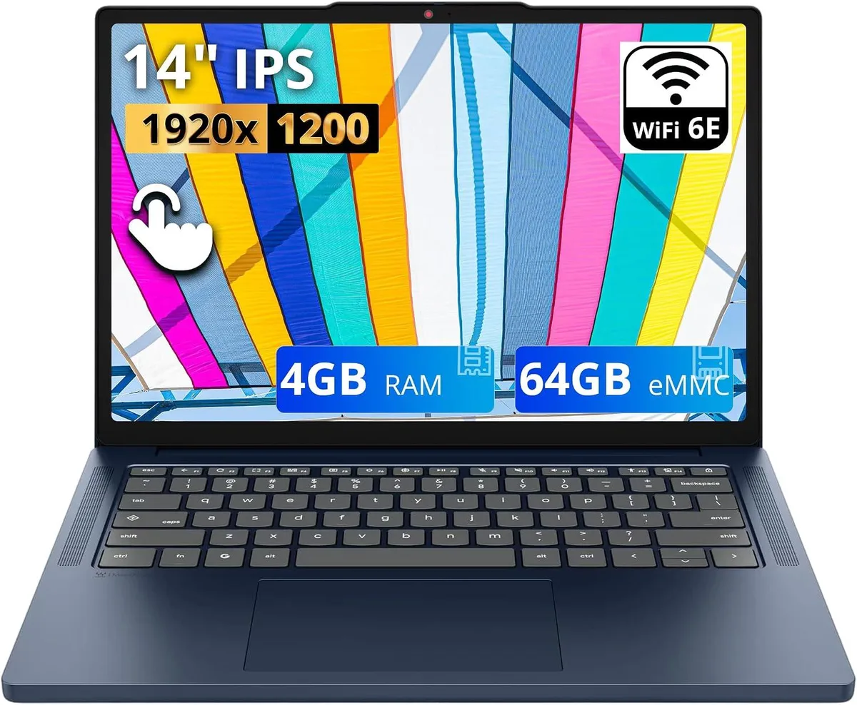 Blue Lenovo IdeaPad Slim 14-inch touchscreen laptop, thin matte finish