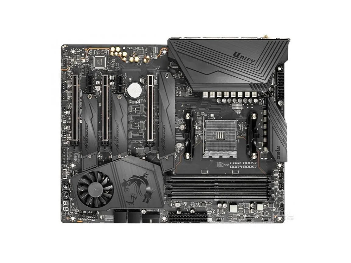 Black rectangular ATX motherboard with silver heatsinks and no RGB lighting