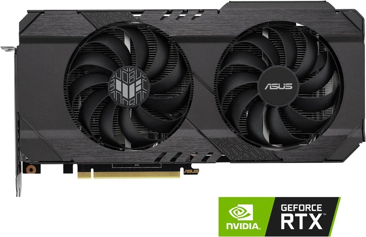 ASUS TUF Gaming OC Edition GeForce RTX 3050 graphics card, dual-fan cooler with brushed metal shroud, matte black finish, exposed
