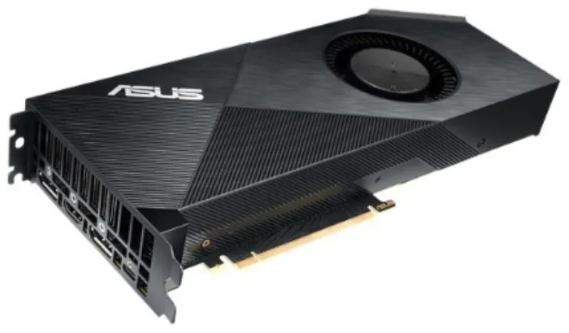 Black dual-slot graphics card with single blower fan and red-green-blue illumination