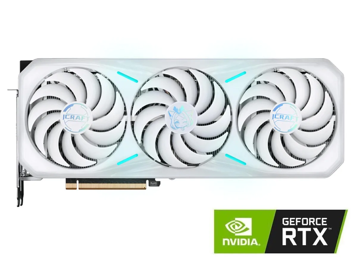 White triple-fan graphics card with anime-themed backplate and RGB lighting