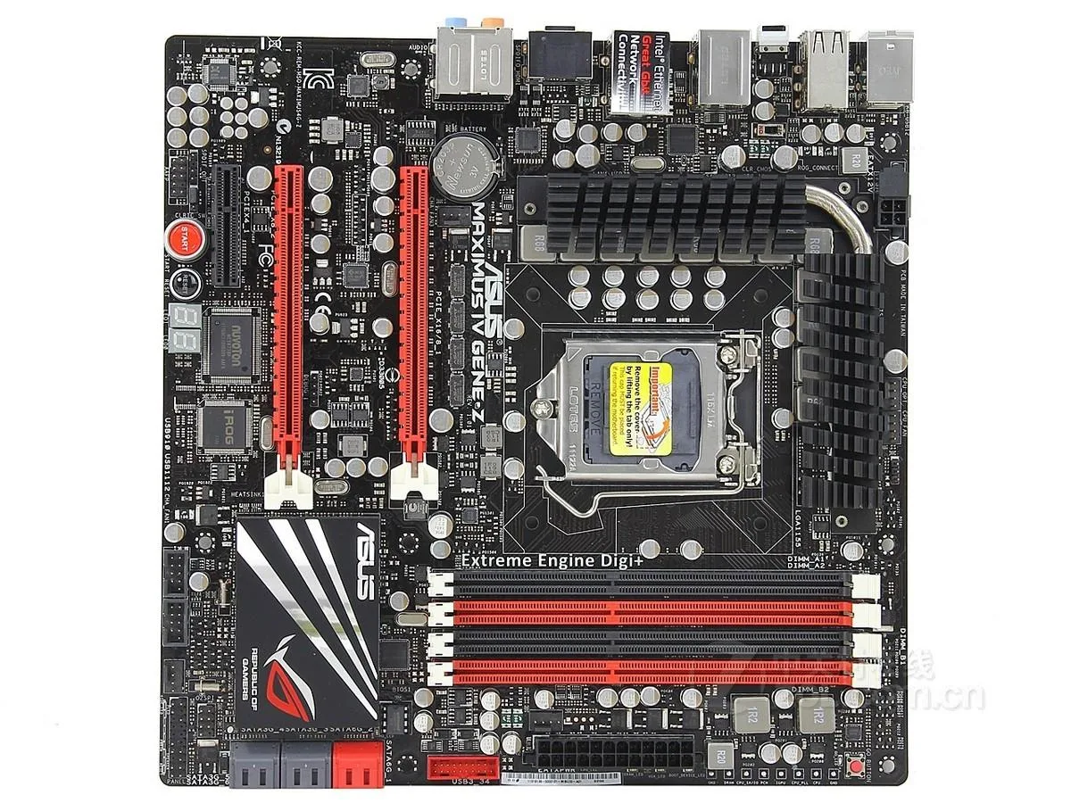 Micro ATX motherboard, dark PCB with black heatsinks, LGA 1155 socket, DDR3 slots, rear I/O shield included