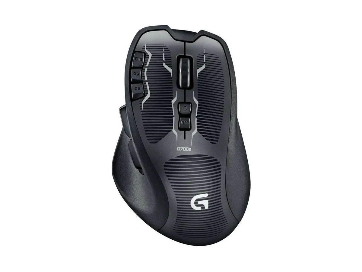 Black Logitech G700s gaming mouse with 13 buttons and scroll wheel