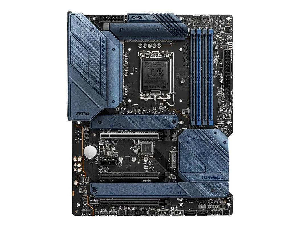 ATX motherboard with black and silver heatsinks, LGA 1700 socket, DDR5 slots, multiple PCIe slots