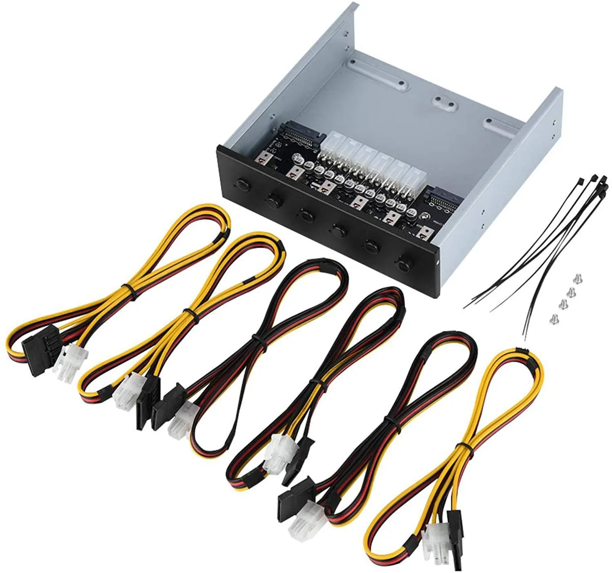Rectangular metal-and-plastic power switch with six toggle switches and LED indicators, 60 cm cable bundle attached