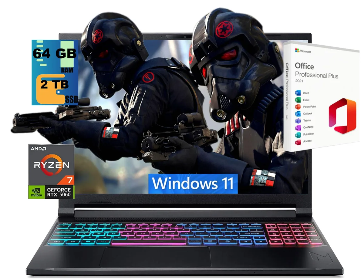 Black 16 inch gaming laptop closed lid matte finish visible ports RGB keyboard deck