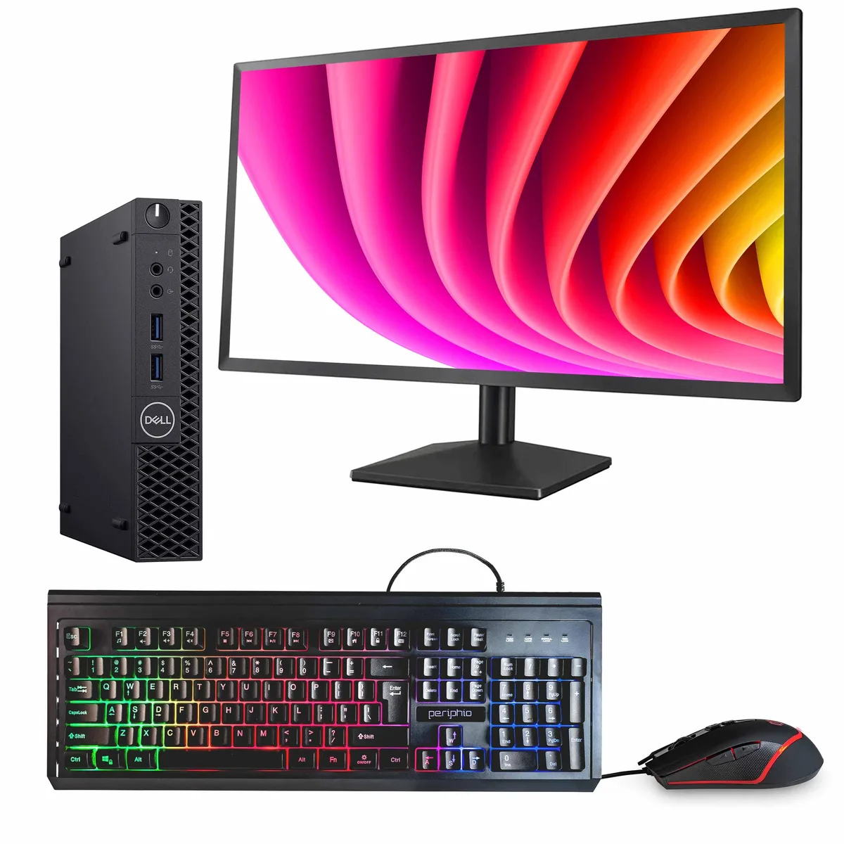 Small black Dell OptiPlex 3070 mini desktop with 24 inch monitor