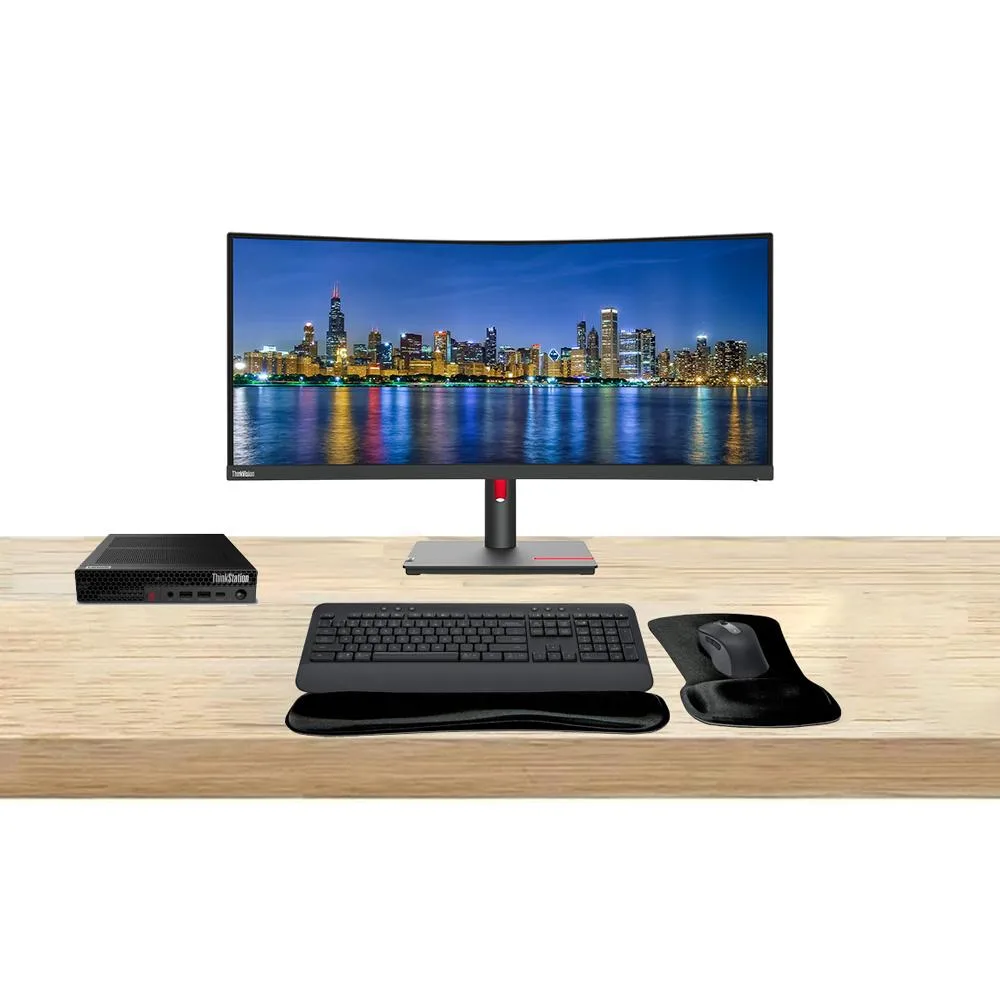 Lenovo ThinkStation P3 Tiny mini PC, 34 inch curved ViewFinity monitor, MK650 wireless keyboard and mouse set