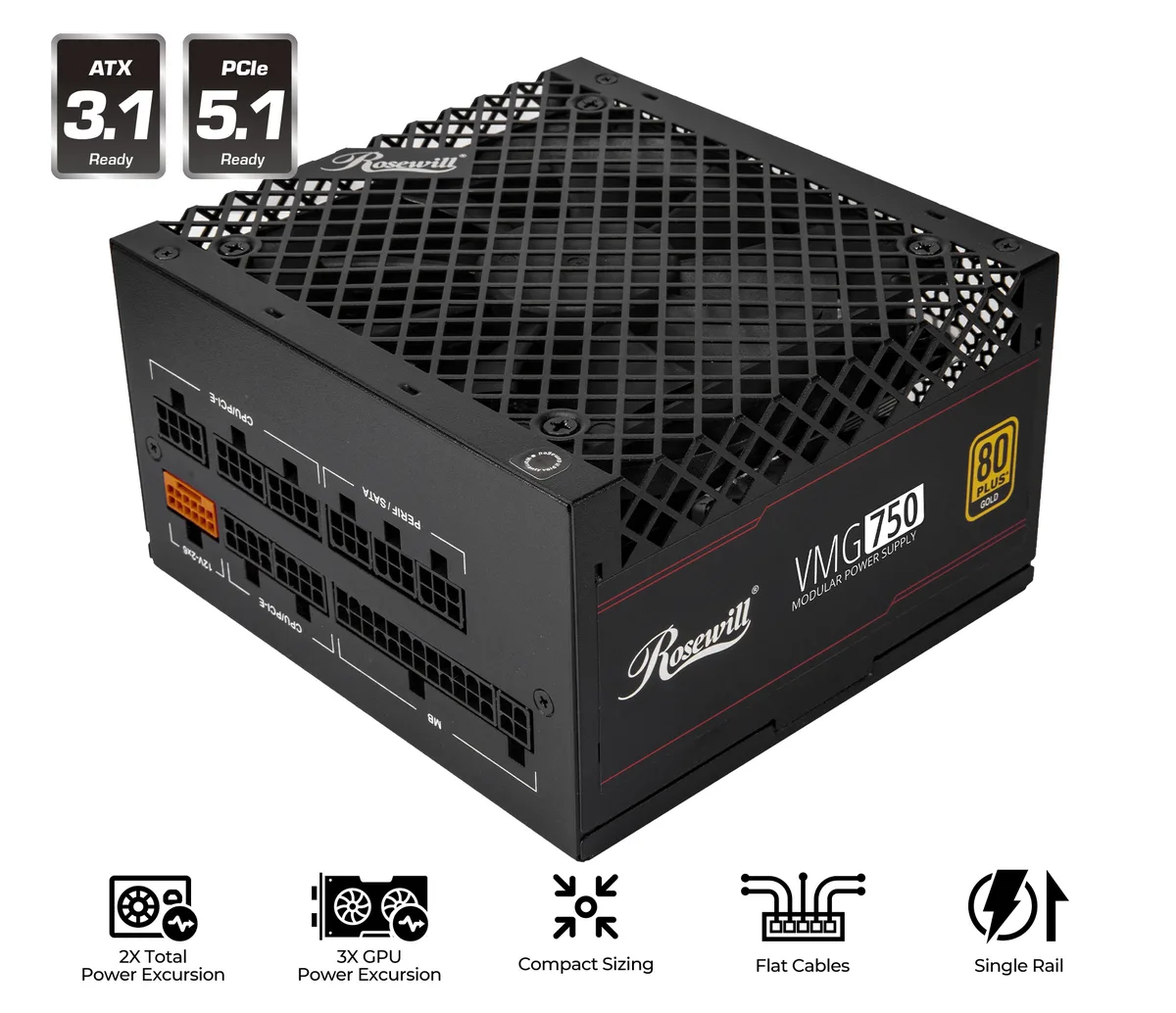 Rosewill Rosewill VMG750 750W 80+ Gold ATX 3.1 Full Modular power supply — photo du produit
