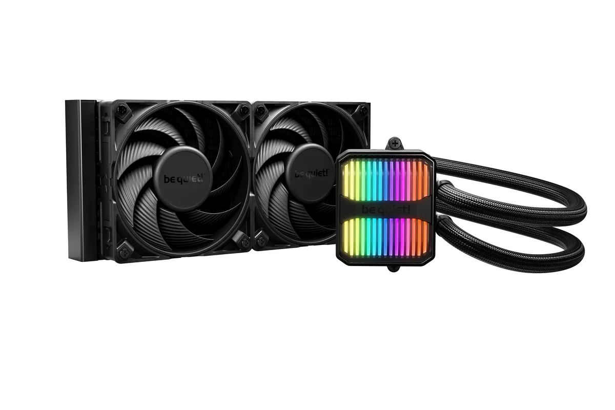 Black 240 mm radiator with two 120 mm fans and a square black pump block, sleeved tubes connecting them