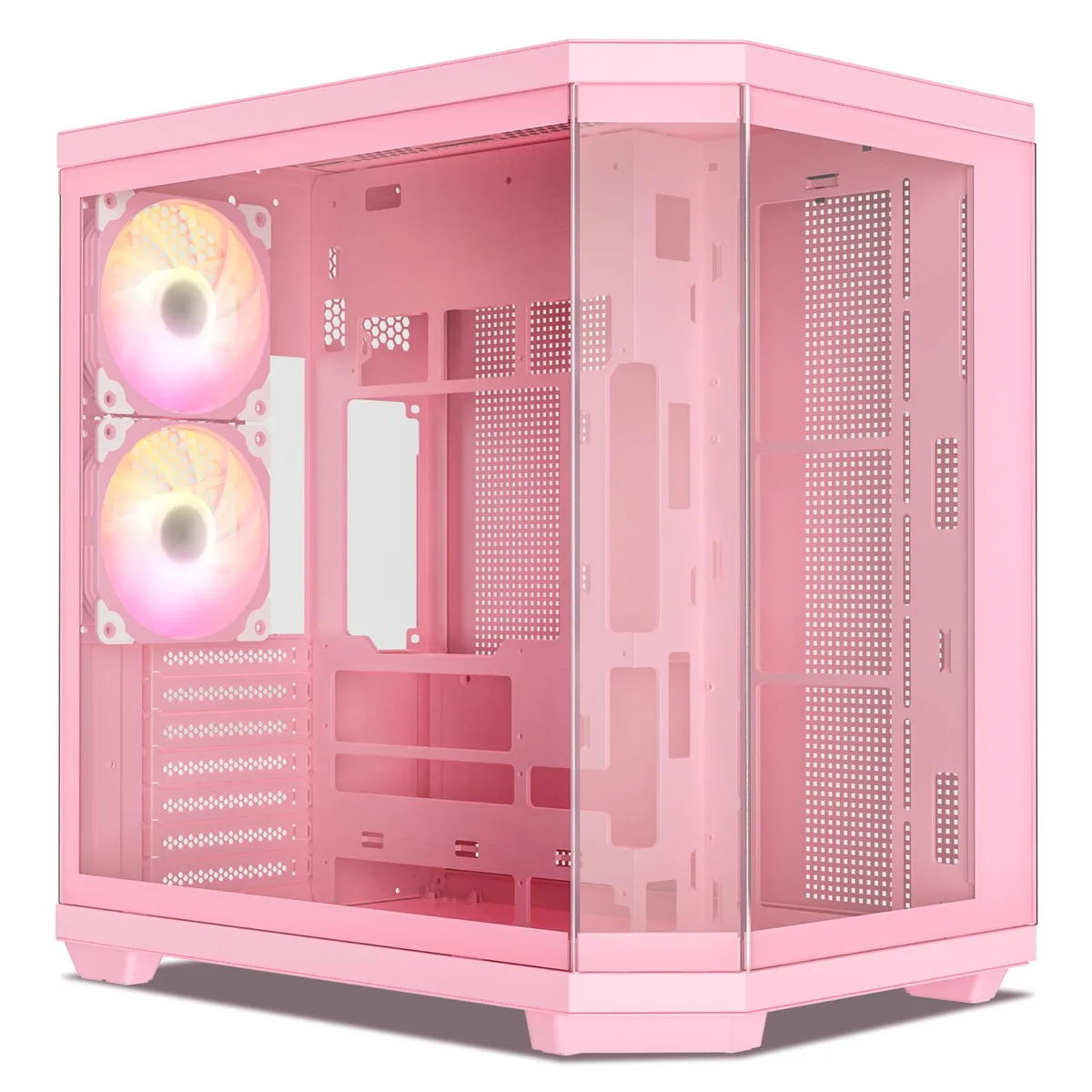 Pink ATX mid-tower case with three tempered glass panels showing interior components