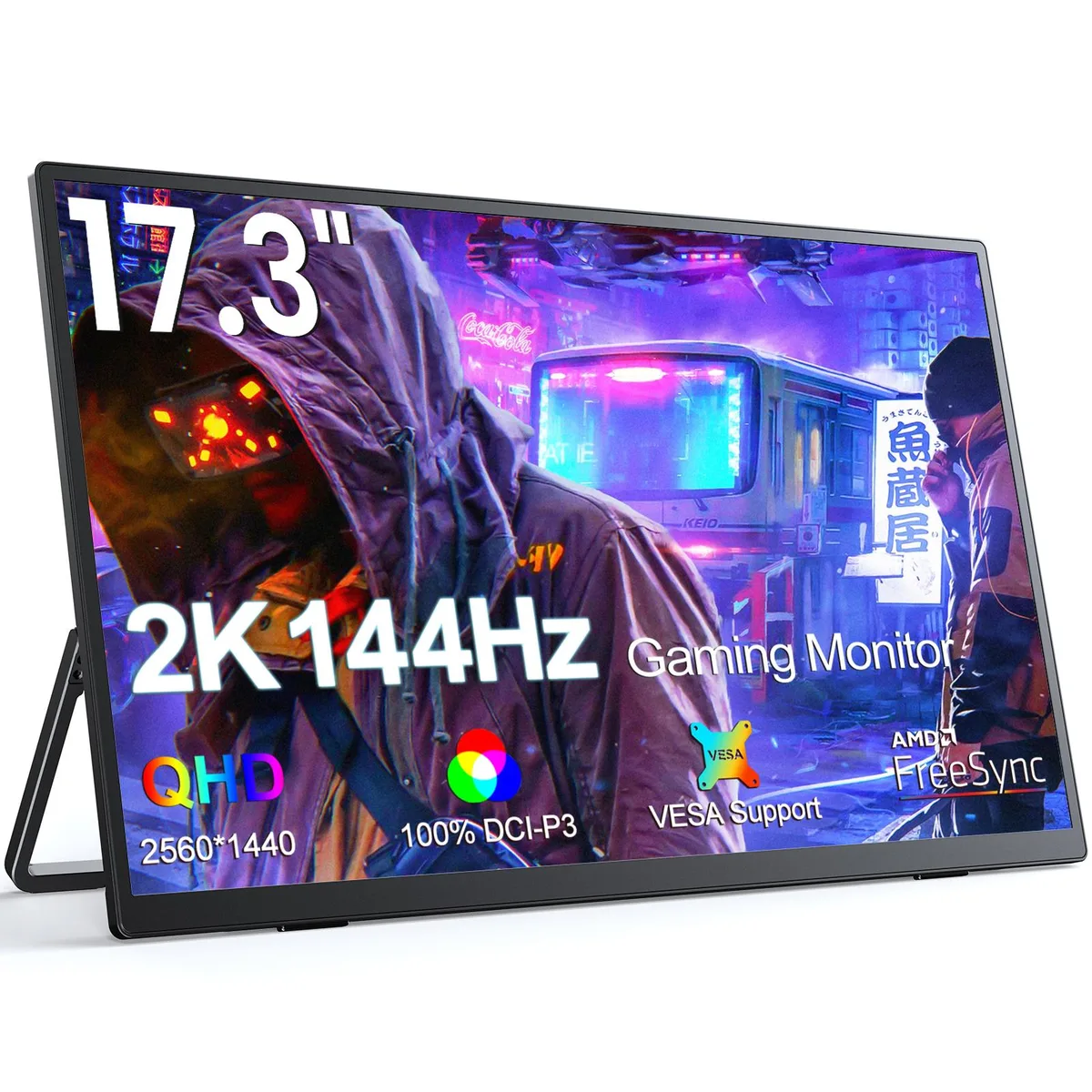 Black 17.3-inch portable gaming monitor with thin bezels and adjustable kickstand