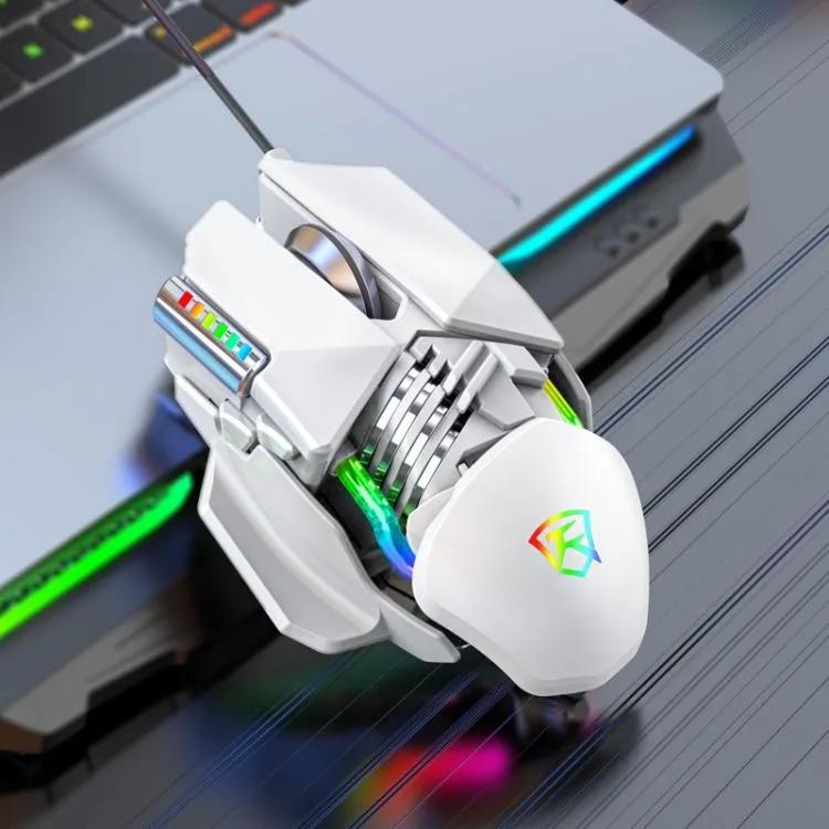 White wired gaming mouse with six buttons, RGB lighting, adjustable tail and metal base, USB cable 1.7 m