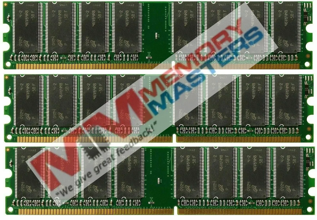 Three green memory modules with gold contacts and black chips
