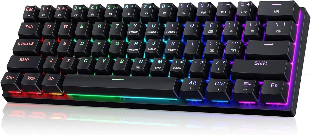 Compact 60 percent mechanical keyboard, 61 black keys, blue switches, detachable USB-C cable, rainbow LED backlighting