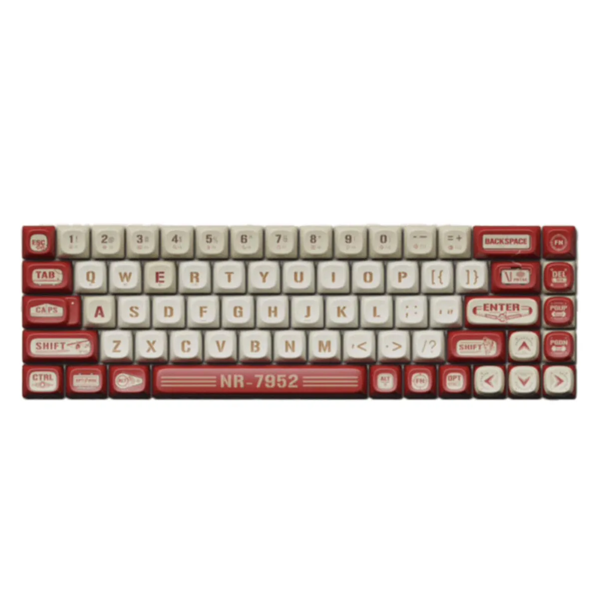 Red 68-key PBT keycap set with novelty legends and two space bars