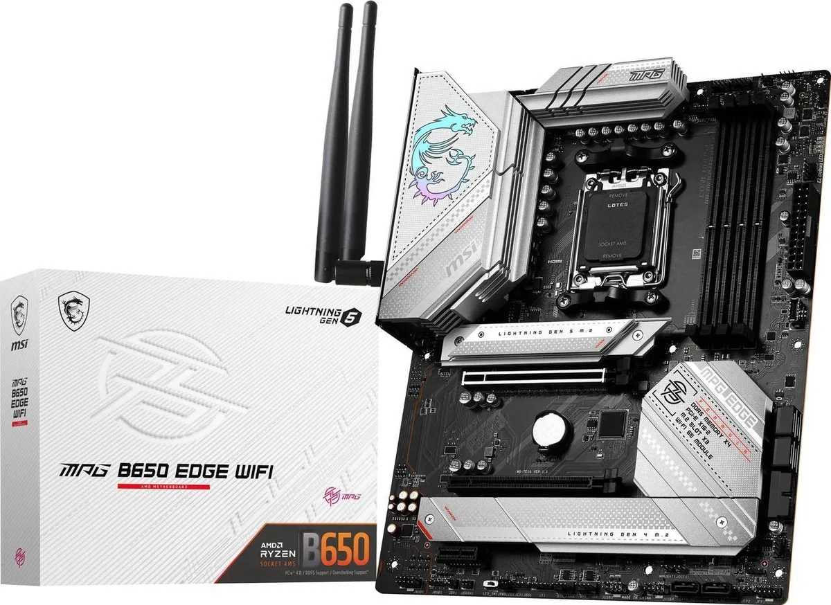 Black ATX board with silver heatsinks and four DDR5 slots
