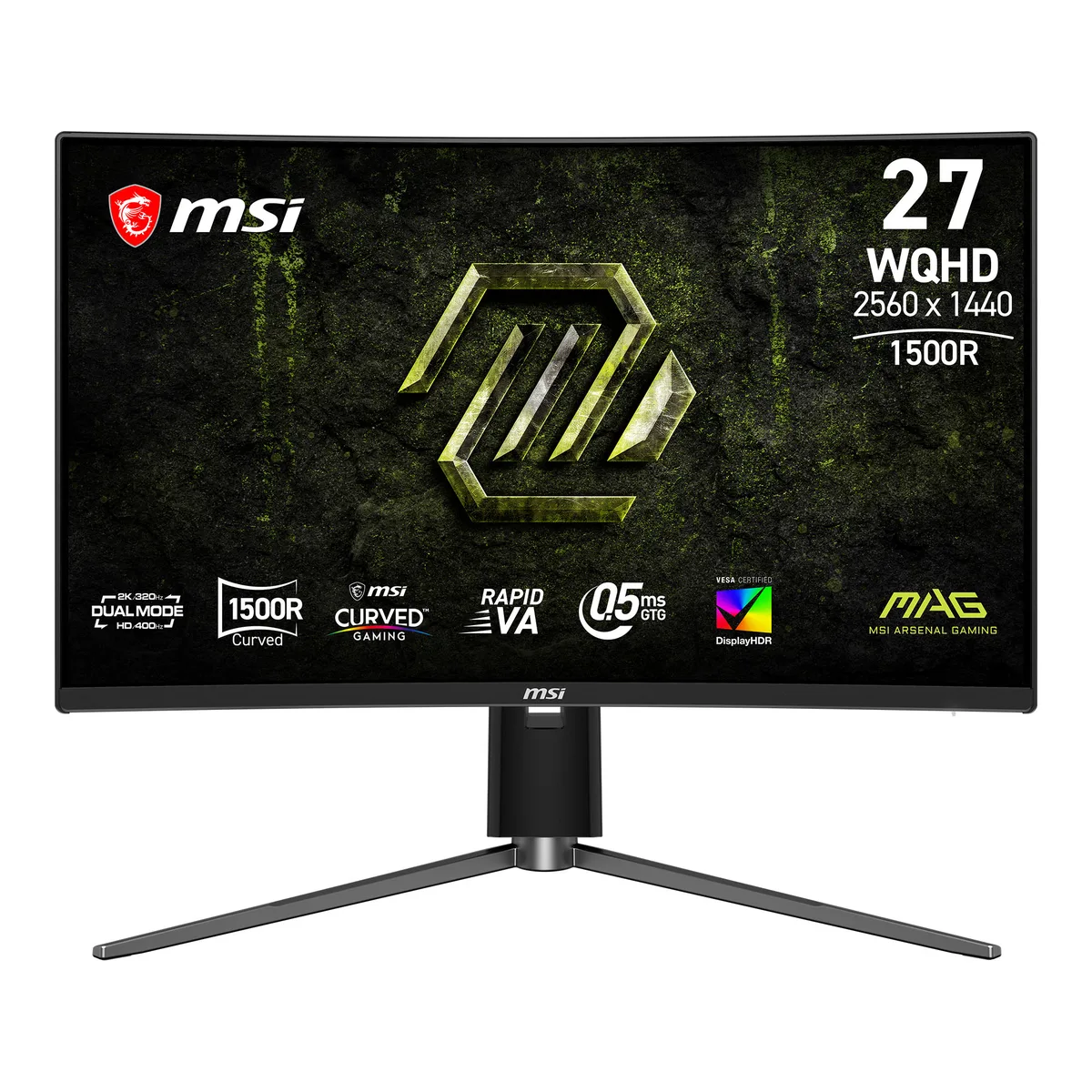 27 inch curved black gaming monitor with frameless bezel and adjustable stand